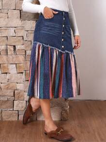 SHEIN LUNE 女用條紋下擺牛仔裙 - 藍色 - 查看 6