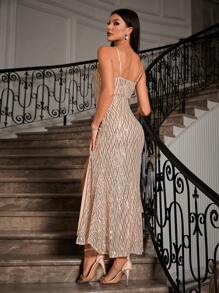 Allurite High Slit Sequined Cami Dress - Champagne - View 2