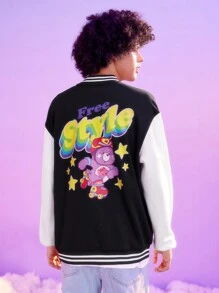 ROMWE MEN ROMWE X Care Bears Nam Mô hình Cartoon Vá lại Tay áo Áo khoác bóng chày - Đen và trắng - Xem 1