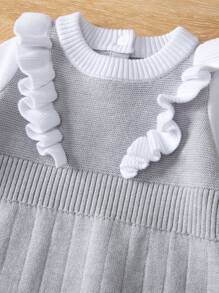 SHEIN Baby Girl Color Block Ruffle Trimmed Sweater Bodysuit - Grey - View 3