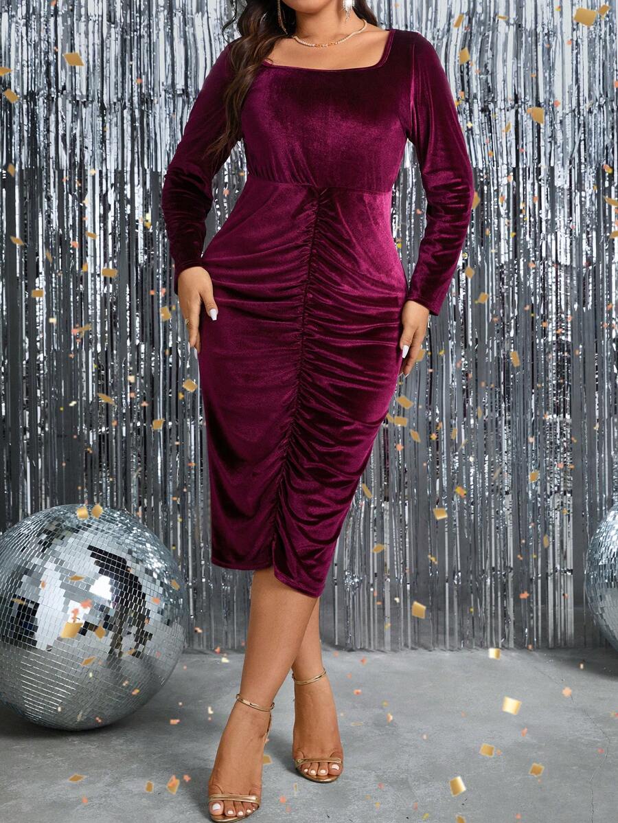SHEIN Clasi Kích thước lớn Hình vuông Đường viền cổ áo Mặt trước Nếp gấp Đầm - Màu Đỏ Sâu - Xem 1