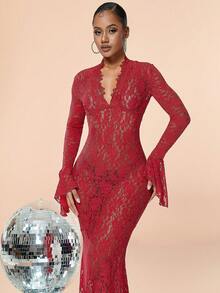 情人节喇叭袖蕾丝美人鱼下摆连衣裙，女士哥特式性感万圣节服装，圣诞礼服，婚礼宾客礼服 - 酒紅色 - 查看 5