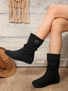 Women's Fashionable Metallic Buckle Flat Round Toe Ruched Boots - Black - View 1