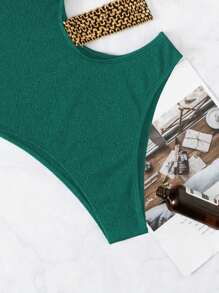 SHEIN Swim 女性單肩泳衣,配有編織裝飾 - 墨綠色 - 查看 6