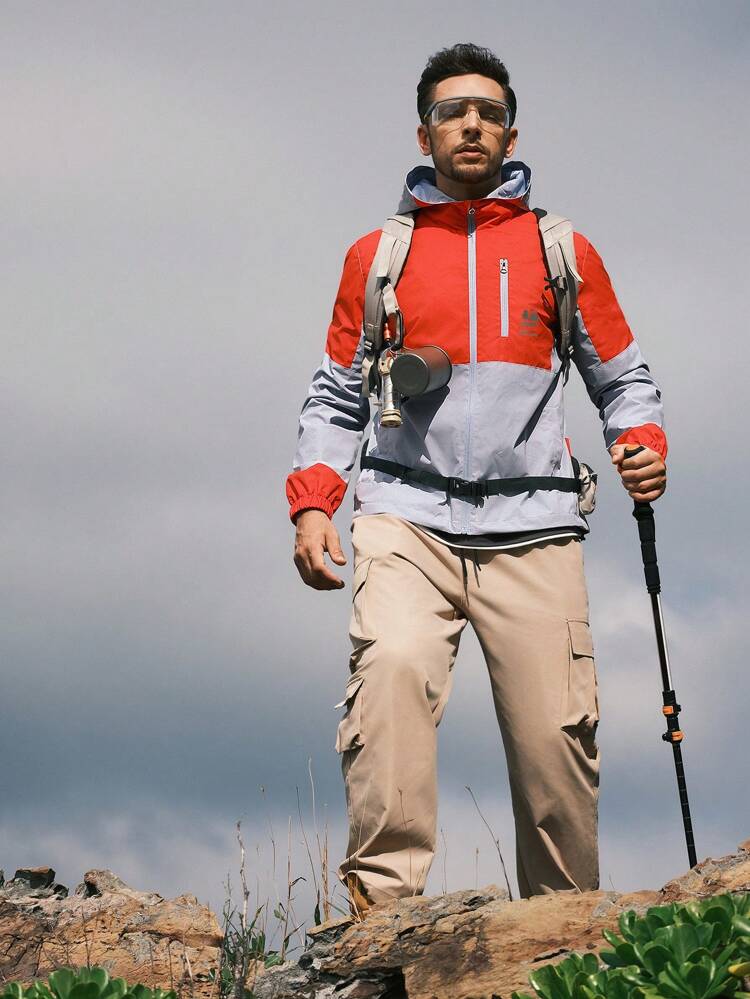 Men Colorblock Zip Up Hooded Rain Jacket