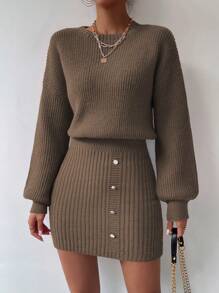 SHEIN LUNE Women's Solid Color Knitted Shirt Collar Dress With Button Detail & Cinching Waist