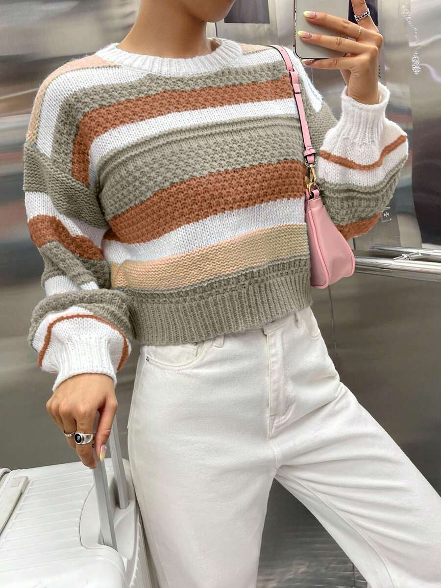 SHEIN Qutie Color Block Striped Drop Shoulder Sweater - Multicolor - View 1