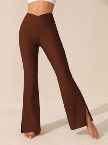 SHEIN Sports Women's Flared Athleisure Pants With Slits - Brown - View 4