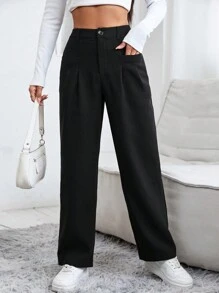 SHEIN PETITE 女性純色百褶寬腿褲 - 黑色 - 查看 3