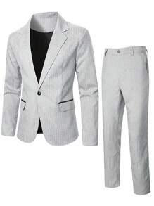 Manfinity Mode Men's Striped Notched Lapel Suit Set - Light Grey - View 1