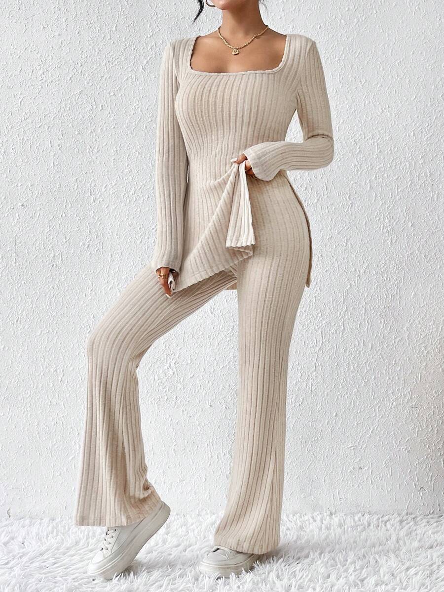 SHEIN Frenchy Solid Color Square Neck Split Ribbed T-Shirt And Pants Set Winter Casual Spring - Apricot - View 1