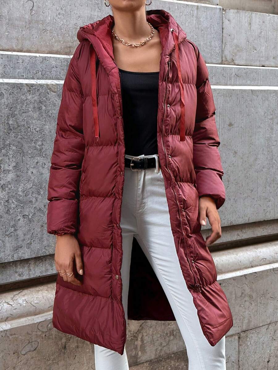 EURMUSE Zip Up Drawstring Hooded Puffer Coat - Burgundy - View 1