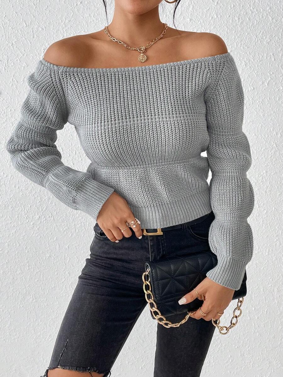 SHEIN Unity Suéter de punto con hombros descubiertos de moda para otoño e invierno - Gris - Ver 1