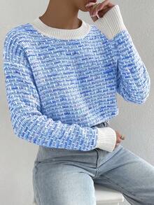 SHEIN Essnce 女士休閒寬鬆圓領垂肩毛衣 - 藍色 - 查看 3