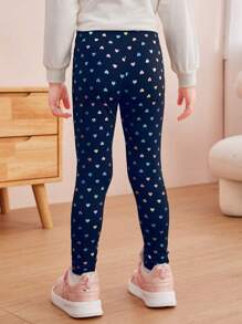 SHEIN Girls' Minimalist Navy Blue All-Over Heart Print Comfortable Casual Leggings - Royal Blue - View 2