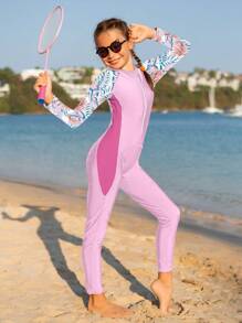SHEIN 連身游泳衣,半袖拉拉肩,拉鍊式,青少年女孩拼接熱帶印花款式 - 粉色 - 查看 4