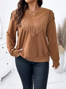 Calvaya 大尺寸純色流蘇連帽衫 - 棕色 - 查看 4
