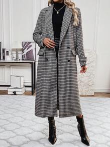 SHEIN Privé Women's Houndstooth Check Double Breasted Overcoat - Dark Grey - View 3