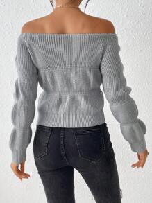 SHEIN Unity Suéter de punto con hombros descubiertos de moda para otoño e invierno - Gris - Ver 2
