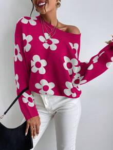 SHEIN Essnce 花卉圖案下肩針織外套 - 彩色 - 查看 4