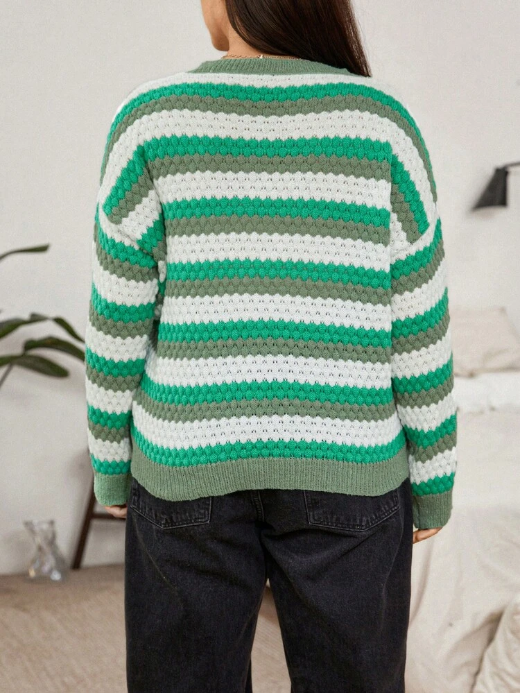 Plus Striped Pattern Drop Shoulder Sweater Knit Pullover Fall Winter Sweater
