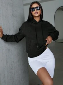 SHEIN PETITE Của phụ nữ Lá thư In Hoodie Với dây rút , Mùa thu Và Mùa Đông - màu đen - Xem 4