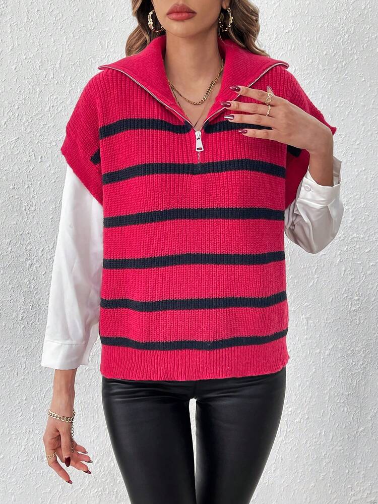 Striped Half Zipper Sleeveless Sweater Vest