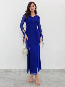 Aloruh 女式双开衩下摆荷叶边连衣裙 - 藍色 - 查看 1