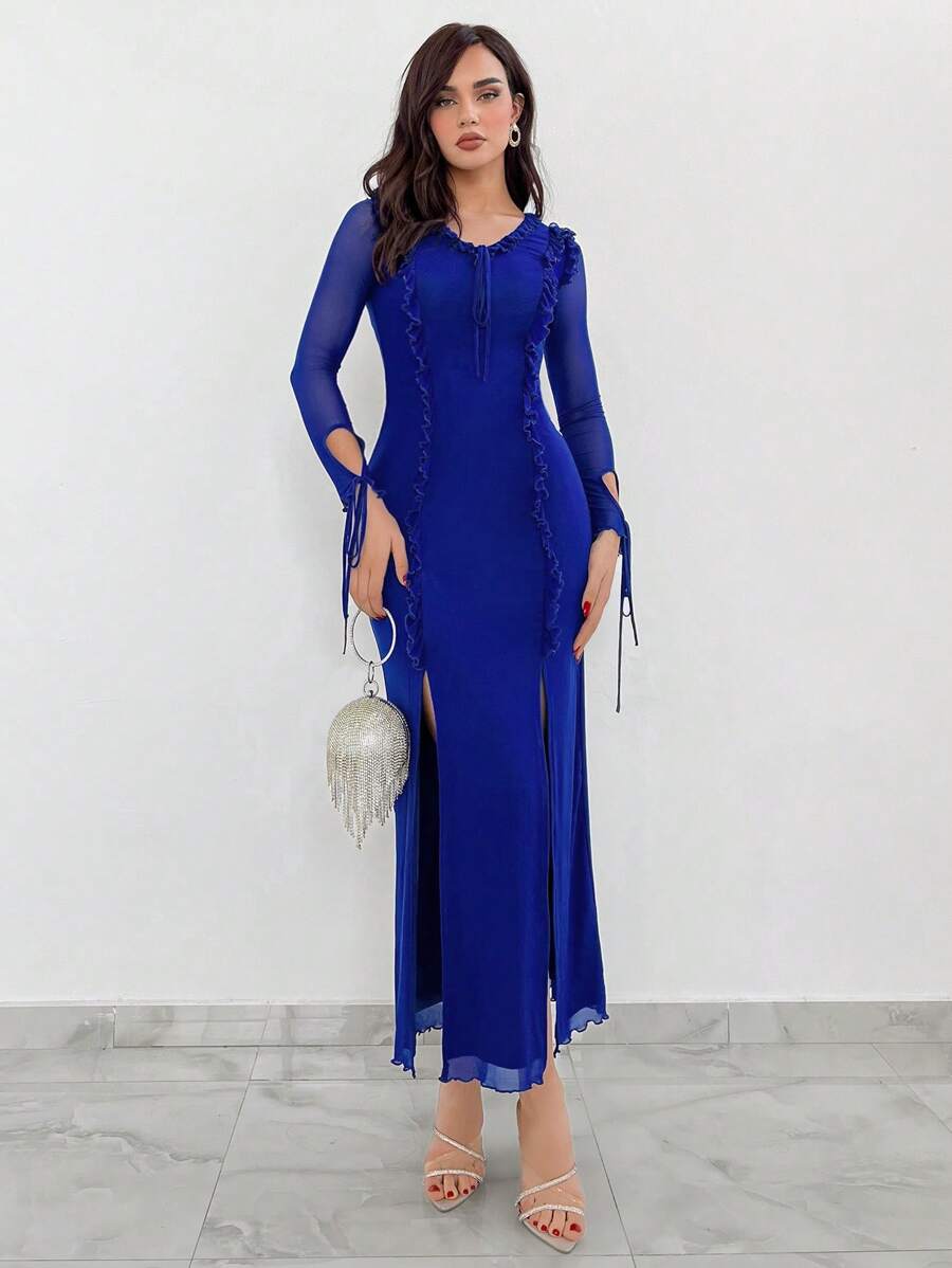 Aloruh 女式双开衩下摆荷叶边连衣裙 - 藍色 - 查看 1