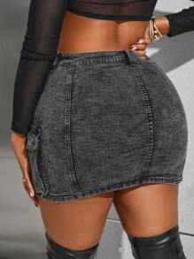 SHEIN SXY 女款大尺寸翻蓋牛仔裙 - 黑色 - 查看 2