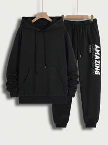 Manfinity Homme Men Plus Loose-Fit Hooded Sweatshirt With Letter Print And Long Pants Two Piece Set - Black - View 1
