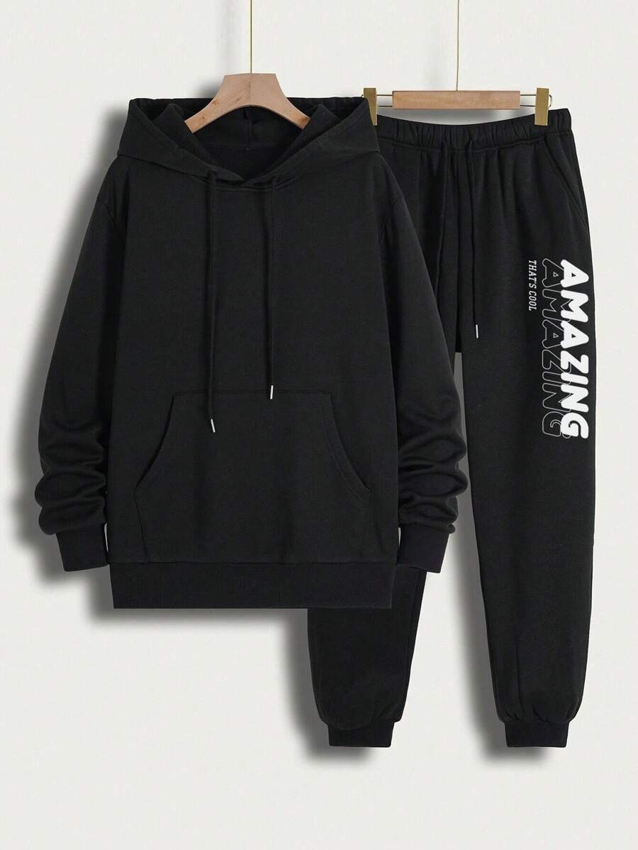 Manfinity Homme Men Plus Loose-Fit Hooded Sweatshirt With Letter Print And Long Pants Two Piece Set - Black - View 1