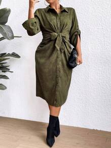 SHEIN Clasi Của phụ nữ Kích thước lớn Màu thuần Cổ bẻ Tie Trước Tay áo cuộn lên Đầm - xanh quân đội - Xem 5