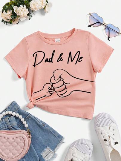 SHEIN Young Girl Short Sleeve T-Shirt With Lettering And Hand Gesture Print, Perfect For Summer