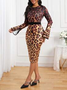 SHEIN Lady 女式豹紋開衩袖繫腰帶連身裙 - 彩色 - 查看 6