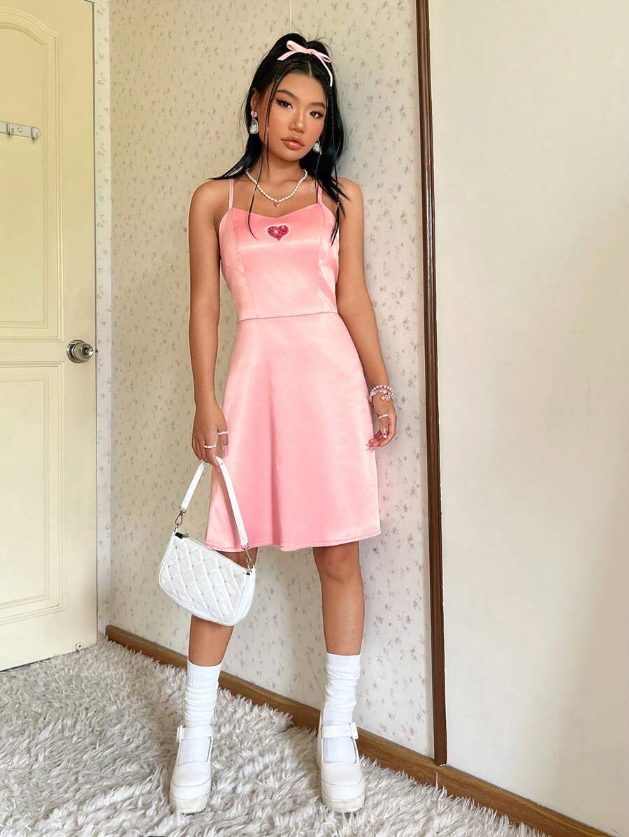 SHEIN EZwear Women's Shiny Heart Sequined Satin Dress - Pink - View 1