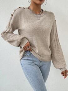 SHEIN LUNE 女士實色釦扣襯衫袖毛衣 - 卡其色 - 查看 3