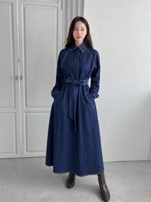 SHEINNeu Women's Raglan Sleeves Belted Dress - Navy Blue - View 1