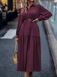 LanaWest Women's Belted Shirt Dress Maxi Women Outfit - Red Violet - View 5