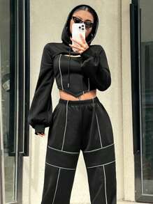 Coolane Của phụ nữ Xu hướng: Cắt giảm Dây rút Hoodie Và Quần Bộ - màu đen - Xem 7