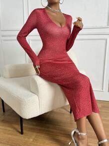 Zolique Red V-neck Dress - Red - View 6