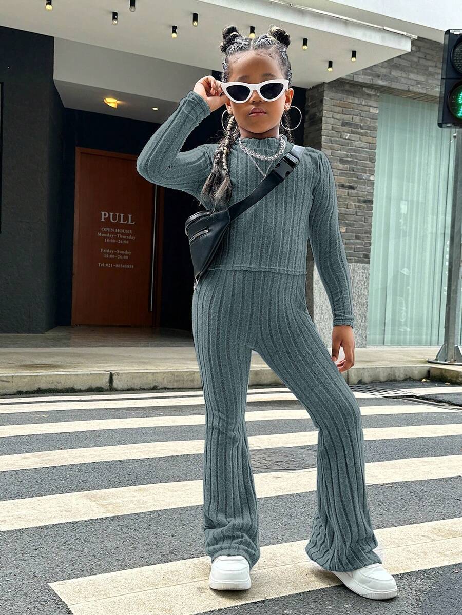 SHEIN Conjunto De Camiseta Con Cuello De Tortuga Medio Acanalado Y Pantalones Acampanados Sólido Para Niñas Adolescentes - Agua verde azul - Ver 1