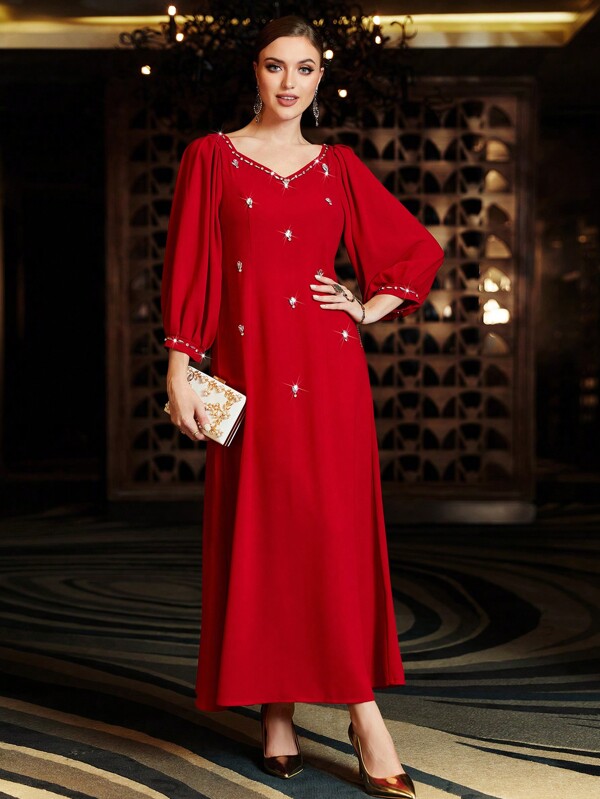 Layrah Women's Dress Decorated With Rhinestones Modest Elegant Luxury Long Sleeve Arabian Dress