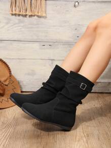 Women's Fashionable Metallic Buckle Flat Round Toe Ruched Boots - Black - View 3