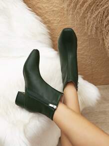 Ladies' Winter New Arrivals, Solid Color, Square Toe, Mid-low Heel, Ankle Boots & Short Boots - Dark Green - View 3