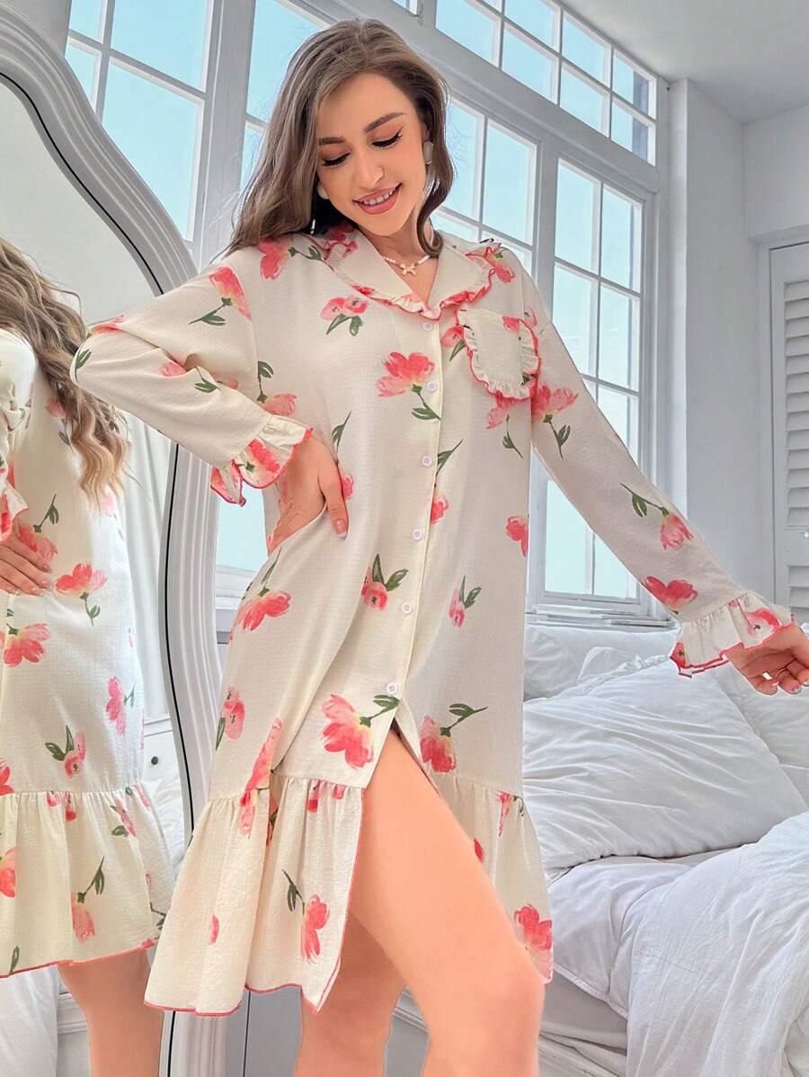 Women's Floral Printed Ruffle Hem Decorated Sleep Dress Pajama Dress - Apricot - View 1