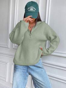 SHEIN Unity Của phụ nữ Lỏng lẻo phù hợp Giải trí Dây kéo Một nửa Mở Thả vai Áo len - màu xanh lá - Xem 6