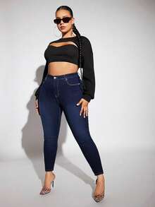 SHEIN SXY Hơn Đã chải Chất vải Nhiệt Cao eo Quần jean ôm - Rửa tối - Xem 5