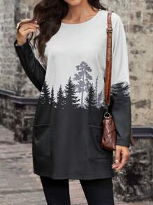 SHEIN LUNE Tree Print Dual Pocket Tee Dress - Apricot - View 1