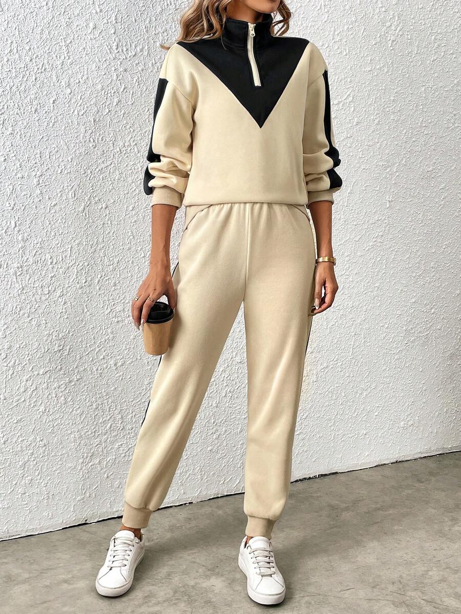 SHEIN LUNE 女士拼色拉链半开襟运动衫和紧身裤两件套 - 杏色 - 查看 1